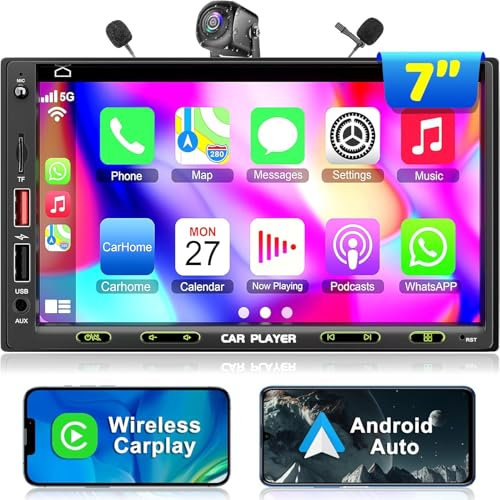 Doppel-Din-Autoradio mit drahtlosem Carplay & Android Auto,Aktualisierte 7-Zoll-Autoradio-Unterstützung Bluetooth/Back-up-Kamera/Mirror Link/SWC/FM-Radio,Touchscreen Wireless Carplay Doppel-Din