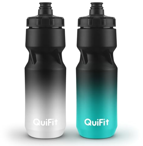 QuiFit Fahrrad Frinkflasche Auslaufsicher, Trinkflasche 710ml, Langlebige Rennrad Flasche, Squezze Sportflasche BPA frei 2er Pack für Fitnessstudio, Reiten, Outdoor(Black White+Black Green(2pcs))