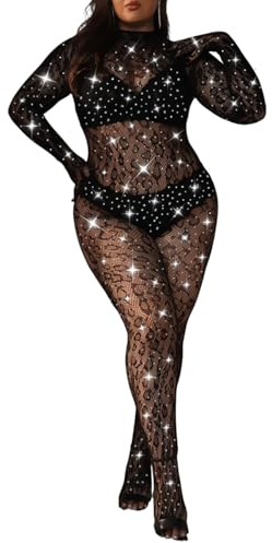 LINUMIN Overol sexy de encaje con diamantes de imitación de leopardo para mujer, body de red brillante para fiesta, club, póster de malla de cuerpo completo, Negro -, Talla única