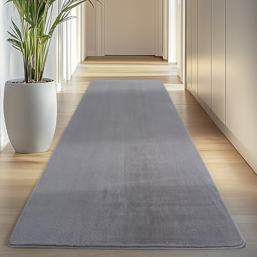 Carpettex Läufer Teppich Silber 80x250 cm- Kurzflor Teppich Waschbar, weich & rutschfest, modernes einfarbiges Design für Schlafzimmer, Küche & Flur