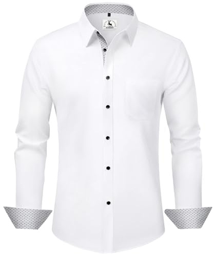 KOSMEEU Camisa Hombre Manga Larga Camiseta Vestir Casual para Hombre Cuello Mao Slim Fit Formal y Casual Ropa Camisa Blazer para Traje Diario Blanca L