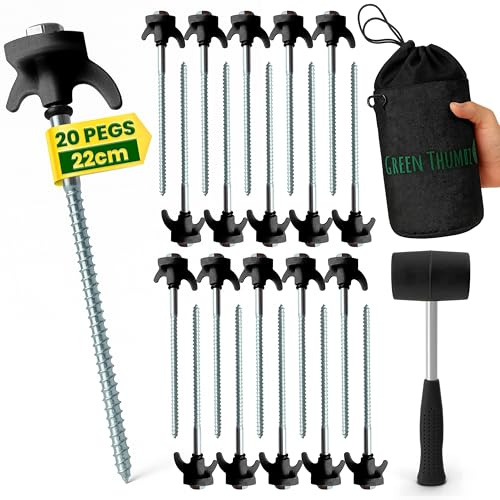 Heavy Duty Tent Pegs - 22cm x 20 Pack Black Hard Ground Tent Pegs with Storage Bag, Carabiner, Rubber Rings, Socket Bit and Mallet - Galvanized Camping Pegs for Outdoor