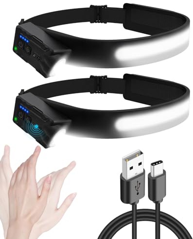 Trongle 2 Piezas Linterna Frontal LED Recargable, Indicador de Batería, Inclinación 270°, Control por Movimiento, Luz Bicolor, Impermeable IPX4 para Camping, Pesca y Senderismo Nocturno