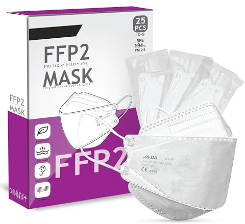 Cleanstro FFP2 Mask Pack of 25 - UK Certified White Face Mask Individually Wrapped - Universal Fit Nose Comfort N95/KN95 Face Masks. Breathable 5-Layer Fiber Protection Filter>94% Dust Masks