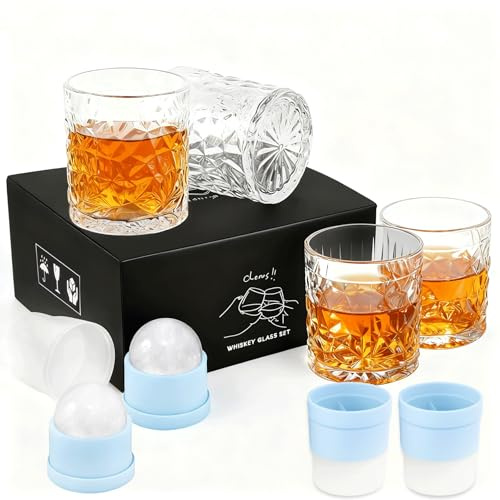 GTOBES Whiskey Glasses Set of 4, 315ml Classic Heavy Rum Glass Gift for Men, Crystal Liqueur Glasses for Dad, Husband, Whiskey Tumblers for Kraken Cognac Vodka Liqueurs Scotch Cocktail (Diamond)