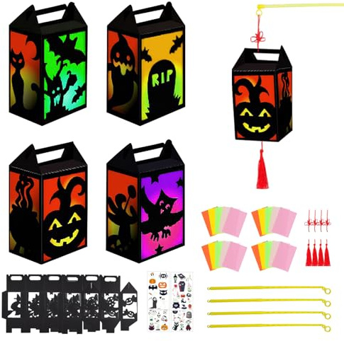 SPERMUOY Halloween laterne basteln kinder,4 Stück Halloween Kinder Martin Laterne mit LED und mit Buntglas Effekt,halloween Laterne für Sankt Martin Laternenumzug.