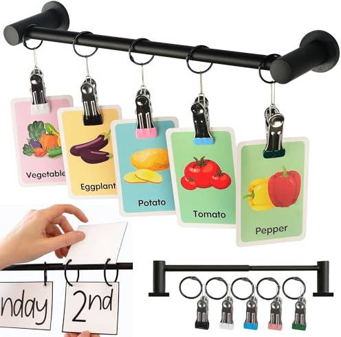 ULIBERMAGNET Magnetic Classroom Whiteboard Bar, Flip Calendar Holder with 5 Hanging Rings & 5 Clips, Magnetic Adjustable Length Anchor Chart Rack for Whiteboard, Office, Classroom, Lesson Plans