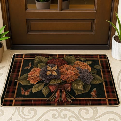 Paillasson floral d'automne, paillasson multicolore hortensia pour intérieur et extérieur, décoration rustique, en caoutchouc imperméable, antidérapant, absorbant la poussière, facile à nettoyer, 73,6
