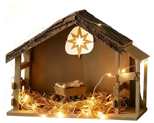 Storieme Nativity Stable with LED Lights: 15.6 x 11.02 Inch Christmas Wooden Manger Creche for 7 & 8 Inch Holy Family Figures - Farmhouse Religious Xmas Decorations (Stable Only)