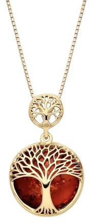 Old English Jewellers 9ct Gold on Sterling Silver Baltic Amber Tree of Life Ladies Necklace -Natural Womens Teens Round Amber Tree Pendant on Italian Box Chain -Pendant only or 16-24 Inch (18 Inch)