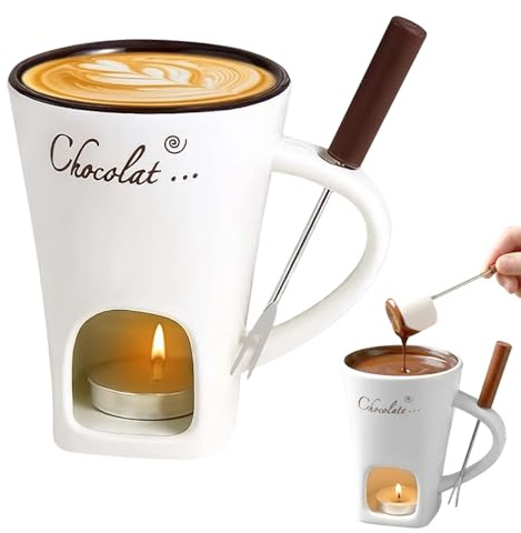 Hojalis Tasse À Fondue Au Chocolat, Céramique Tasse Fondue au Chocolat avec Fourchette et Bougie À Thé, 130ml Services à Fondue au Chocolat pour Le Fromage, Le Chocolat, Fête De Dessert