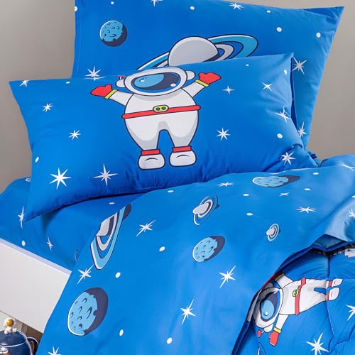 Caleffi Lenzuola Singolo Bambino Art. Spazio in Cotone 100% – Set 3 Pezzi con Federa Double Face – Colore Blu
