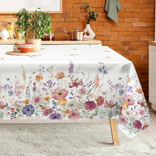 Arquiel Frühling Wildblumen Tischdecke Polyester Rechteckig 140 x 180 cm | Waschbare Polyester-Tischdecke mit Wildblumen-Motiv, wasserabweisend und pflegeleicht für Küche, Esszimmer, Feste und Feiern.