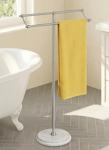 KES Anti Wobble Free Standing Towel Rack with 3X Thicker Weighted Natural Marble Base, 2-Tier Towel Rack Stand for Bathroom Floor, Rustproof 18/8 Stainless Steel, Antique Brushed Steel, BTH241-2