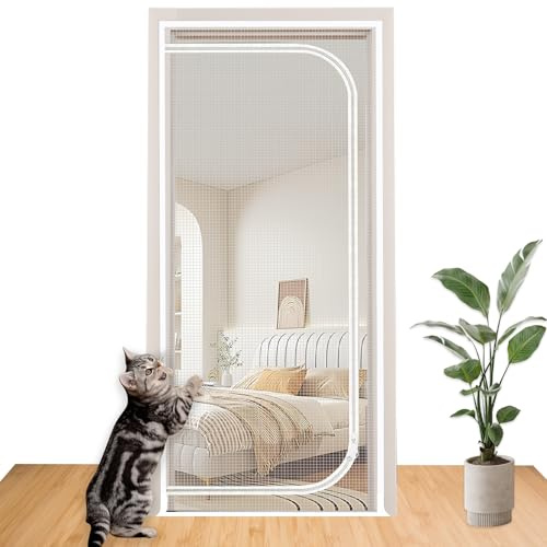 6.73×2.95ft White Polyester Cat Screen Door, Self-Adhesive & Scratch-Proof Mesh Pet Gate with Double-Sided Zippers, Cat Barrier Fits 6.56×2.79ft Doors for Living Room, Bedroom, Kitchen & Balcony