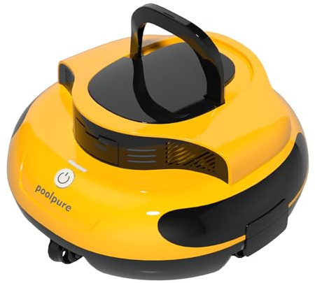 POOLPURE 2026 Akku Poolroboter: Kabelloser Poolsauger mit 100 Min. Laufzeit, Automatischer Poolreiniger für Flache Aufstellbecken bis 90m², IPX8, Dual-Motor & Abnehmbare Lenkrollen,gelb