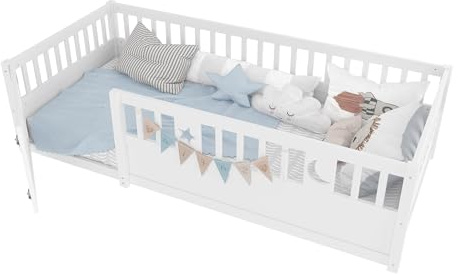 Cama Infantil al Suelo 90 x 190 cm, Cama Montessori con Barreras para Niños con Protección, Decoración de Estrella y Luna, sin somier de láminas, Colchón no Incluido, Blanco
