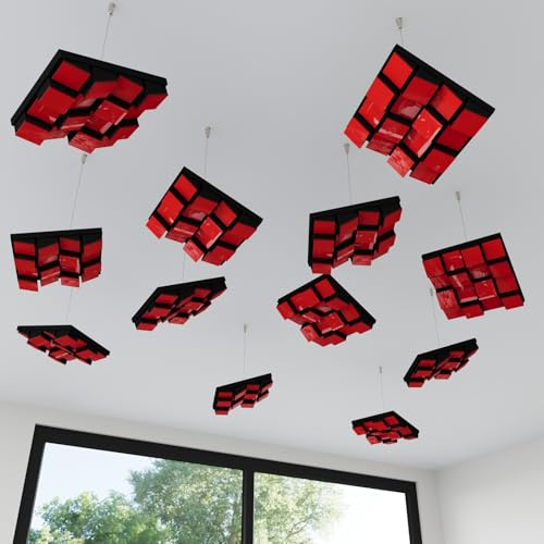 Lot de 4 mini diffuseurs acoustiques de plafond à suspendre | Panneaux 3D HDF avec kit de suspension | Design moderne | Diffuseur de son 3D |23 x 23 cm |Couleur : [Plastique rouge brillant | ZARINITY]