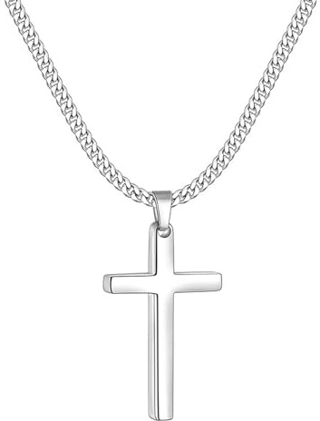 FAINCA Collar Cruz Cadena Acero Inoxidable Plateada Colgante 60cm Cadena | Collar con Cruz para Hombre Cadena de Acero Inoxidable con Colgante Regalos con Amuleto para Niños Hombres Mujer