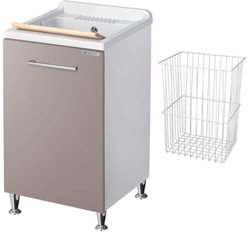 Negrari Vincente 3006RSG Lavatoio Bianco e Grigio Pietra 45x50 H85 cm Mobile Nobilitato Idrofugo Vasca Polipropilene Montato Asse Legno Anta Ribalta Cestone Porta Biancheria Estraibile Sifone Piedi