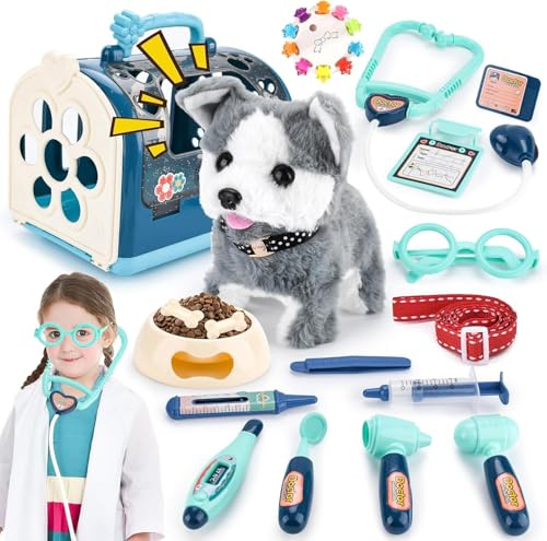 TOSUTO Electrónico Perrito Juguete Ladra y Anda con Jaula,Juego de Roles Regalo de Cumpleaños para Niños,Peluche Animales Perro Robot Interactivo Juguete Niña 2-5 Años Regalo Cumpleaños Navidad - Azul