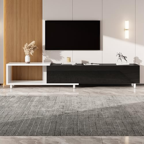 Meuble TV Extensible/Meuble Bas pour TV avec 3 Portes laquées, Pieds en métal, charnières silencieuses, Design Moderne, Espace de Rangement