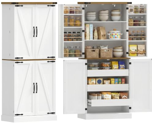 HOMCOM Buffet Haut Cuisine Armoire de Cuisine 4 Portes 76x40x182cm Blanc | Vaisselier, 3 Tiroirs, 8 Porte-Racks, Étagères Réglables, Style Rustique, Meuble de Rangement Salon, Salle à Manger