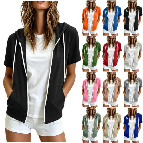AACH Sweatjacke Damen Kurzarm Kapuzenjacke Oversize Trendy Übergangsjacke | Einfarbig Sportjacke, mit Kapuze Reißverschluss Mantel, Weiche Casual Jacke, Basic Bequem Hoodie, mit Taschen, Y2K Streetwear