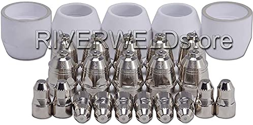 RIVERWELD P-80 Plasmaelektroden-Set TET02033 TET01512 TGN02004, 25 Stück | Elektrode mit Hafniumdraht & Düse 0,059 & 1,5mm 100A Alumina Schutzkappe versilbert