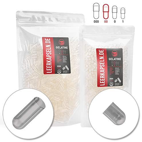 Lot de 2 000 capsules séparées | Taille 00 | Capsules gélules de gélatine de bœuf | Capsules vides avec une grande quantité de remplissage | Transparentes | Pas besoin d'ouvrir au préalable |