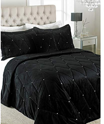 Riva Paoletti New Diamante Bedspread Set - Schwarz - Diamante Kristall Pailletten - Gesteppte Geometric Design - 2 X Kissen Shams Inklusive - 100% Polyester - 220 X 240 Cm (87 X 94 Zoll)