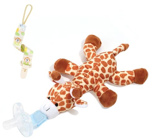 Zooawa Giraffe Toy Soother Holder, Baby Pacifier Hold Giraffe Teddy Baby Loveys Soothie Removable Dummy Holder Teddy, Stuffed Animal Dummy Comforter for Infant Kids Boys Girls 3-36 Months