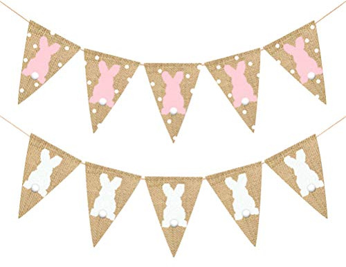 2 Stück -Wimpelkette, Banner, Kaninchen, Wellenspitze, Girlande für -Party-Dekorationen (Weiß + Pink)