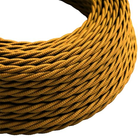 LEDSone 10 Meters Gold color 3 Core Twisted Fabric Braided Flex Lighting Cable, Vintage Electrical Cable UK Wire for Industrial Pendant Lights or Other Appliances (Gold Pendant wire)