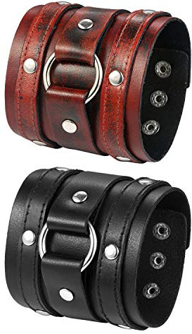 JewelryWe Schmuck Herren Breit Lederarmband Gotik Ring Kreis Nieten geflochten Leder Armreif Manschette Druckknopf Punk Rock Biker Armband verstellbar Schwarz/Rot