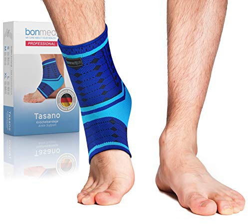 bonmedico Sprunggelenkbandage - Rutschfeste Knöchelbandage Sprunggelenk für Damen & Herren - Stützende Bandage für Fußgelenk, Achillessehne - Wellness Geschenke - 1 Fußbandage (Blau, L)