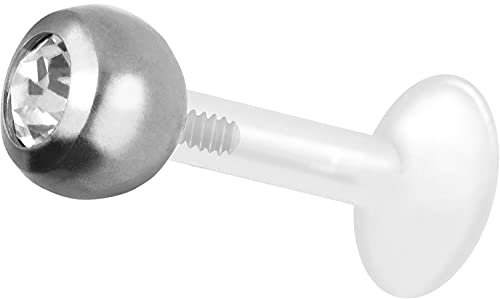 PIERCINGLINE PTFE Labret mit Gewinde TITAN AUFSATZ KRISTALL 5 mm Piercing Lippe Nase Ohr Silberfarben 1,6 x 8 mm
