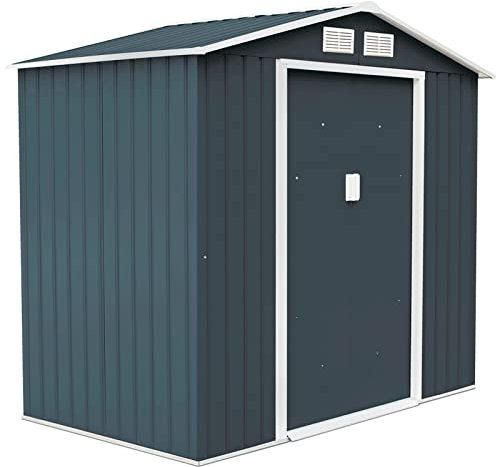 GYMAX Casetta Porta Attrezzi in Lamiera di Acciaio e Lamiera Zincata, Capanno da Giardino con Tettoia, Porte Scorrevole e Finestre, 213 x 127 x 185 cm (Grigio)
