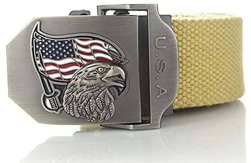 Jeans Canvas Gürtel - 3D Eagle Herren Tactical Military Casual Belt, Bunter Nationalflaggenstreifen Heavy Duty Quick Release Damen Herrengurt, Unisex 3,8 cm Breit Extra Lang, Khaki, 130 cm (51.1