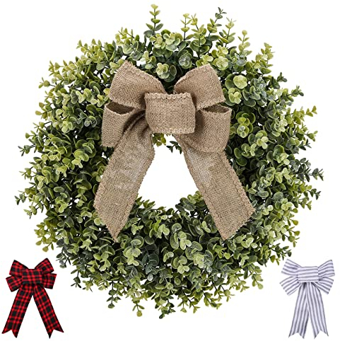 Pansu Interchangeable Bow Wreath Depot Arbor Artificial Boxwood Wreath 19 Inch, Year Round Full Green Wreath, with 3 Big Bows Personalized Collocation of Wreath for Outdoor or Indoor Display (19 Inch)