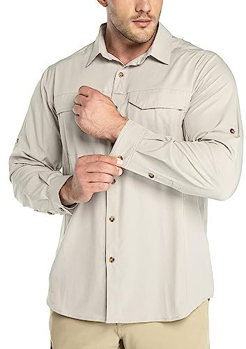 Outdoor Ventures Men's Shirts Safari Shirt Roll-Up Sleeve UV Shirts Quick Dry Lightweight Hiking Shirt with Pockets for Walking Fishing Travelling Khaki L