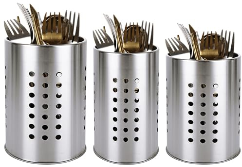 ZOFUN 3 Pcs Utensil Holders for Kitchen, 3 Sizes (S/M/L) Stainless Steel Cutlery Holder Set, Hollow Utensil Drainers Easy to Clean, Multi-function Cutlery Drainer for Kitchen Cupboard and Counters