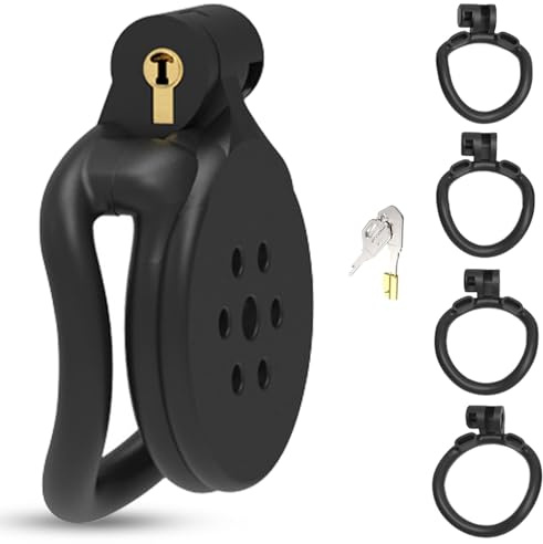 BDSMAGE Cage de Chasteté Plate avec 4 Anneaux Testiculaires, Cage à Pénis Respirante Jouets Sexuels de Bondage Esclave SM pour Hommes