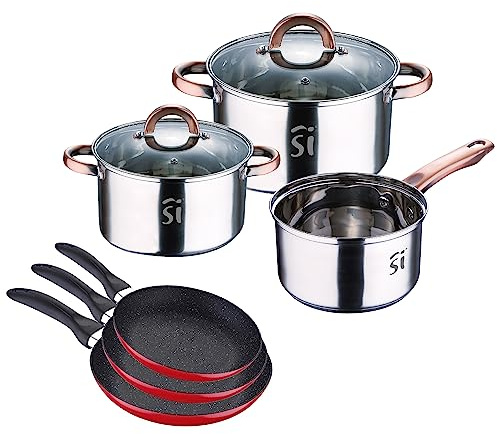Batería de cocina cazo sin tapa 16x9,5 cm (1,7L), cacerolas con tapa de 18x10,5 cm (2,5L) y 20x11,5 cm (3,38L), Onil, inducción + set 3 sartenes navy Red & Marble 16+20+24cm, inducción