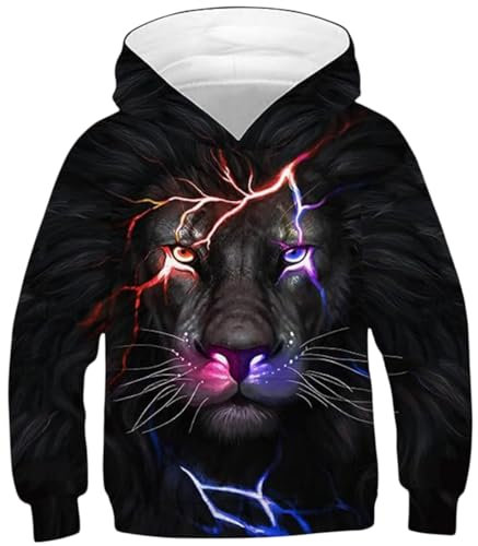 Ocean Plus pojkar långa ärmar sweatshirt djur digitalt tryck tröja med huva fritid sport galax barn huvtröja, Färgglada blixtlejon, 8 År