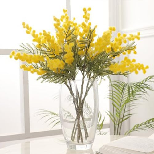 PRTECY 6 Stück Künstliche Akazienblumen, Pflanzen, 38,1 cm, Künstliche Mimosen-Blumenzweige, Simulation Weiß-gelber Mimosen-Plüschstiele für Zuhause, Garten, Party, Hochzeit, Dekoration(Gelb)