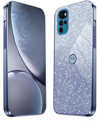 HAOYE Funda para Motorola Moto G22, Carcasa Silicona TPU Marco Galvanizado, Protector a Prueba de Golpes Case con Brillante Pegatina. Azul