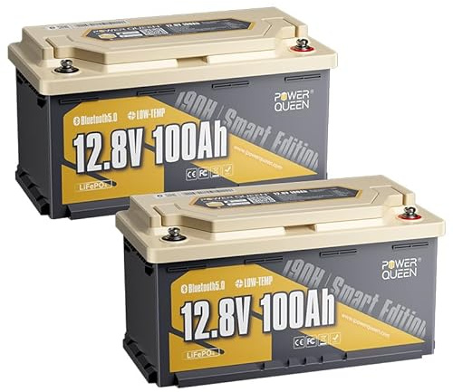 Power Queen LiFePO4 12V 100Ah H190 Bluetooth Lithium Batterie, niedertemperaturgeschützt mit 100A BMS, passend für Wohnmobil, Wohnwagen & Camper (DIN H8, L5, GROUP49), 2 Pack