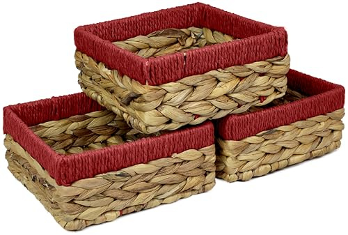 Small Water Hyacinth Square baskets for storage. Natural with Red edges for shelves open hamper decorative gift mini tray make up Kitchen organiser (3 x Pack, medium 18cm)