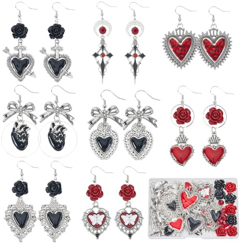 SUNNYCLUE 1 Box Mit 8 Paar Gothic Ohrring Bastelsets Rote Und Schwarze Herzanhänger Kreuzanhänger Große Halloween Schmetterlingsanhänger Rosenperlen Für Schmuckherstellungssets DIY Ohrhänger Geschenk